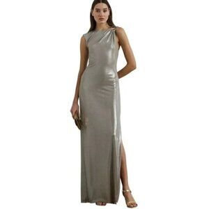 265$ Lauren Ralph Lauren Metallic Jersey Column Gown Party Dress Size 6 Silver